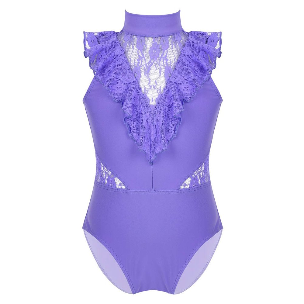 FEESHOW Girls' Basic Gymnastic Camisole Ballet Dance Leotard Bodysuit Sports Tank Top Shirts Ruffled Lace Lavender 3-4