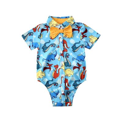 Andannby Toddler Baby Boys Flamingo Rompers Bow-Tie Button-Down Bodysuit Casual Clothes (Light Blue Dinosaur, 6-12 M)