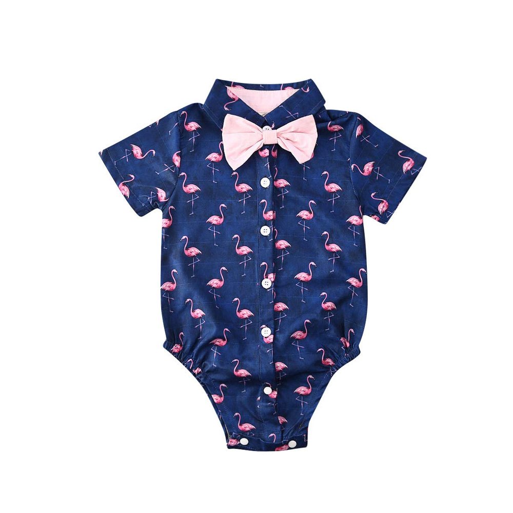 Andannby Toddler Baby Boys Flamingo Rompers Bow-Tie Button-Down Bodysuit Casual Clothes (Blue Flamingo, 12-18 M)