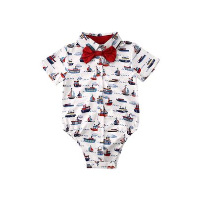 Andannby Toddler Baby Boys Flamingo Rompers Bow-Tie Button-Down Bodysuit Casual Clothes (White Sailboat, 18-24 M)