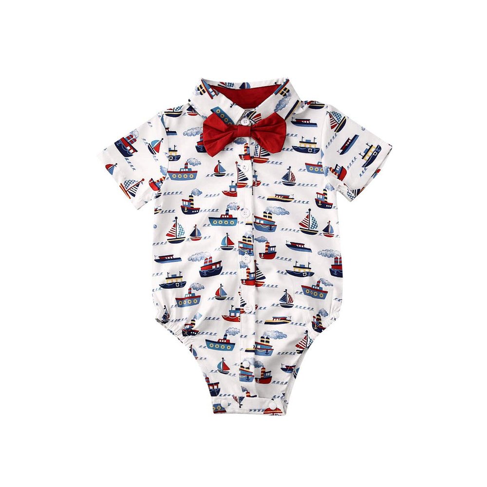 Andannby Toddler Baby Boys Flamingo Rompers Bow-Tie Button-Down Bodysuit Casual Clothes (White Sailboat, 18-24 M)