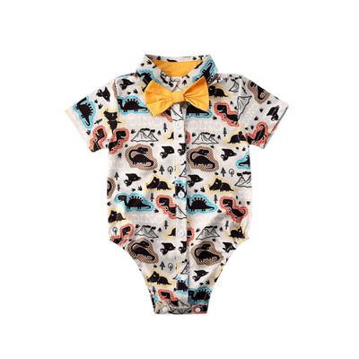 Andannby Toddler Baby Boys Flamingo Rompers Bow-Tie Button-Down Bodysuit Casual Clothes (White Dinosaur, 6-12 M)