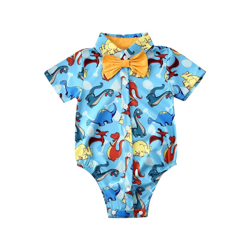 Andannby Toddler Baby Boys Flamingo Rompers Bow-Tie Button-Down Bodysuit Casual Clothes (Light Blue Dinosaur, 18-24 M)