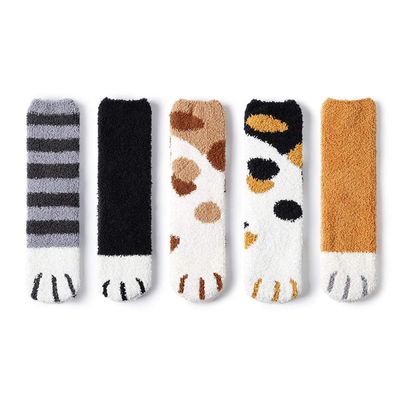 SUNS Cat's claw socks Coral fleece cute cartoon tube socks Thicken warm home floor socks Sleeping female socks-Fits 36-39 yards_Cat claw socks-five pairs