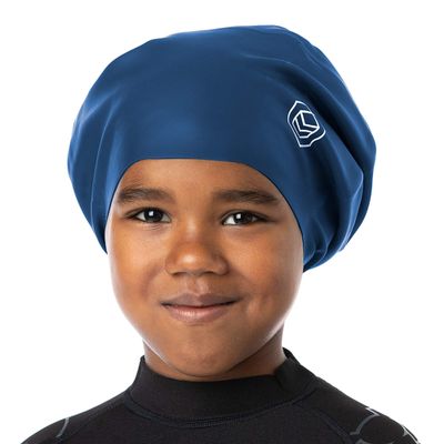 SOUL CAP JR - Large Swimming Cap for Children - Designed for Long Hair, Dreadlocks, Weaves, Hair Extensions, Braids, Curls & Afros - Silicone (Large, Navy)