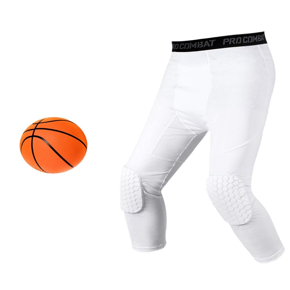 Compression Pants with Pads, White 3/4 Capri Compression Tights Leggings for Men Women Boys Girls, Youth Knee Pads for Basketball Softball Volleyball Soccer