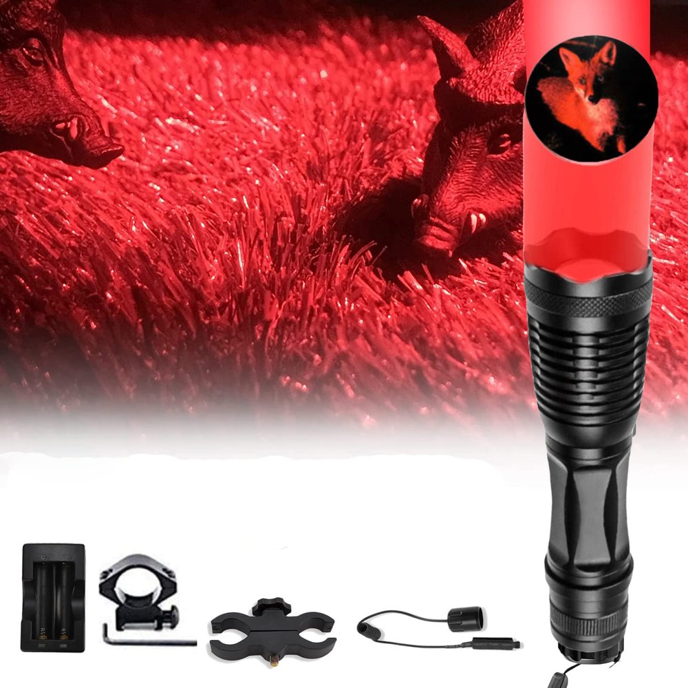XLENTGEN 350 Yard Red Light Hunting LED Flashlight Zoomable Predator Light Tactical Flash Lights Kit with Pressure Switch Rail Mount & Scope Mount for Coyote Hog Varmint Coon Fox Night Vision (E6)