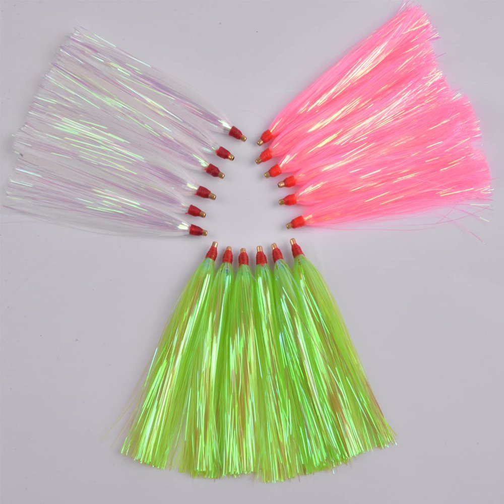 Fishing Teasers,12/18pcs Saltwater Bucktail Teasers Mylar Flash Teaser Tail Trolling Skirt Lures for Flounder Rigs Saltwater Fishing Lures Plugs 3 Colors