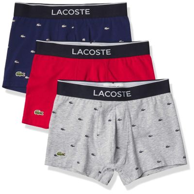 Lacoste Men's Cotton Stretch Mini Croc Print Trunks, 3-pack, Deep Ocean/Dove Grey/Red, X-Large