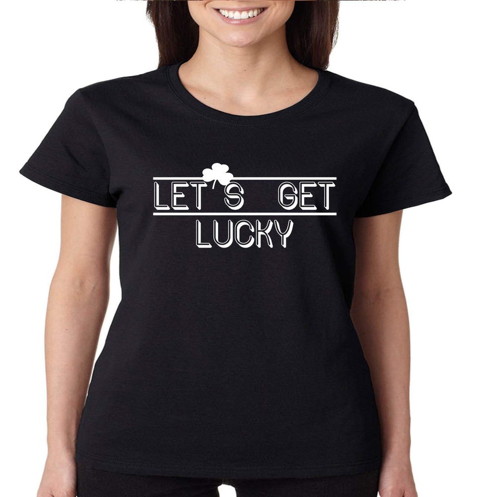 ALLNTRENDS Women's T Shirt Let's Get Lucky St Patrick's Day Shirt Irish Shamrock (L, Black)