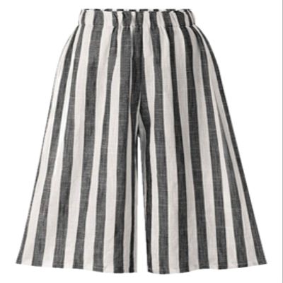 CHARTOU Women's Casual Striped High-Waist Wide-Leg Cotton Lightweight Palazzo Capri Culotte Pants (Black, Large)