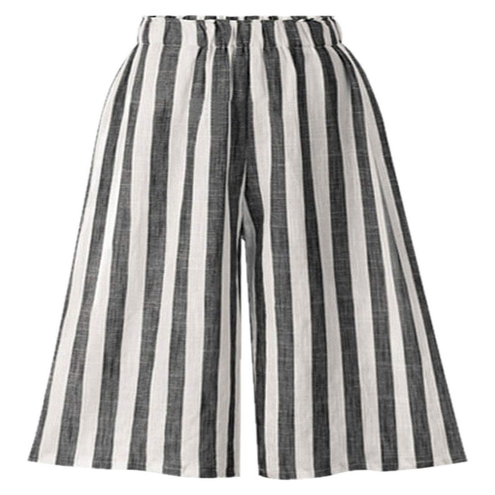 CHARTOU Women's Casual Striped High-Waist Wide-Leg Cotton Lightweight Palazzo Capri Culotte Pants (Black, Large)