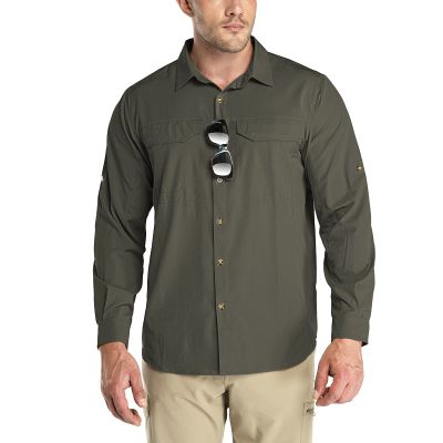Outdoor Ventures Men's UPF 50+ UV Sun Protection SPF Hiking Shirt Long Sleeve Lightweight Quick Dry for Safari Travel Fishing Green