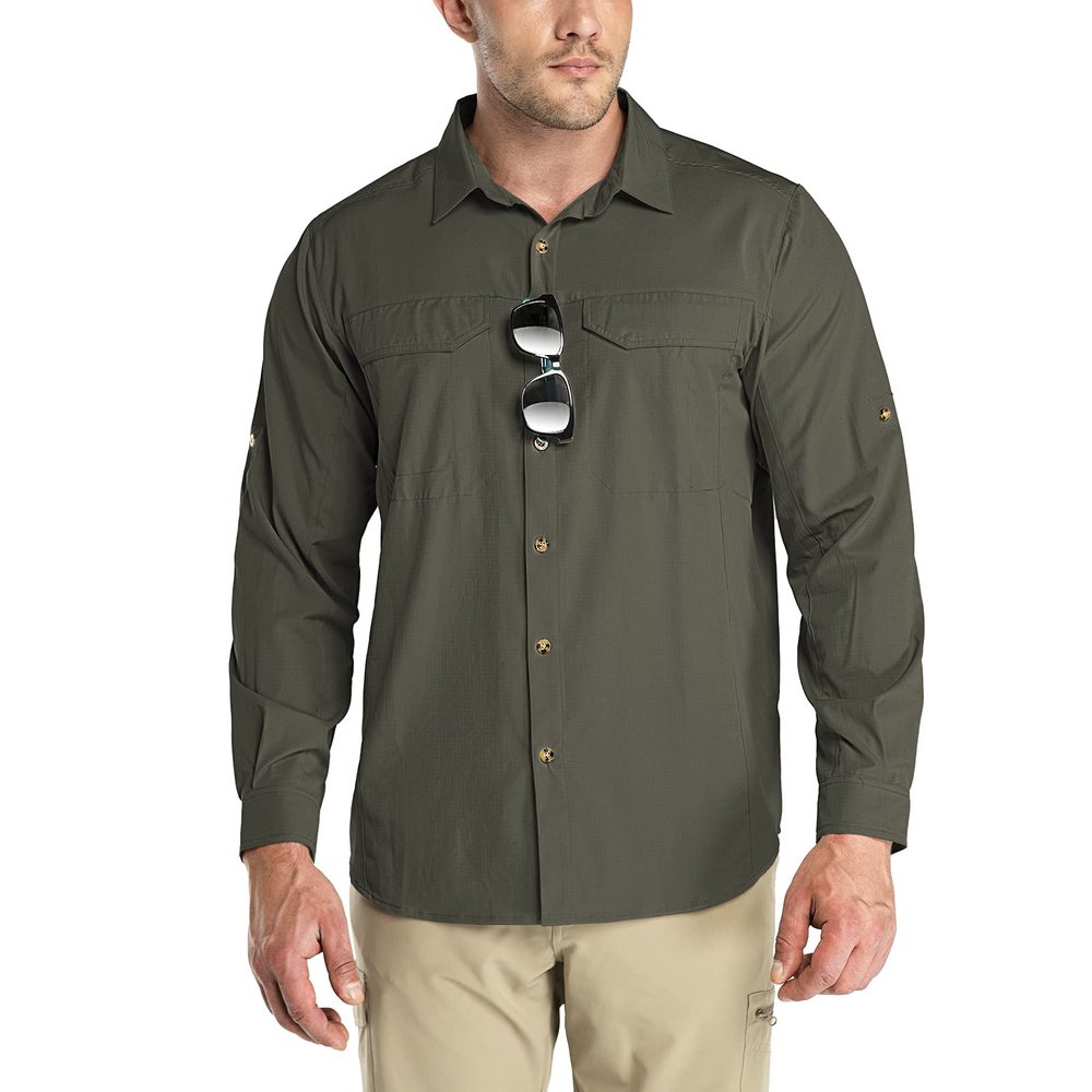 Outdoor Ventures Men's UPF 50+ UV Sun Protection SPF Hiking Shirt Long Sleeve Lightweight Quick Dry for Safari Travel Fishing Green