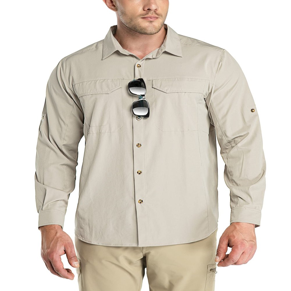 Outdoor Ventures Men's UPF 50+ UV Sun Protection SPF Hiking Shirt Long Sleeve Lightweight Quick Dry for Safari Travel Fishing Khaki