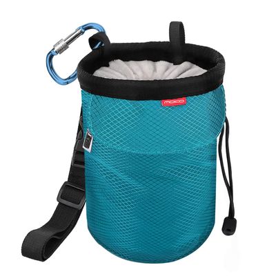 MoKo Chalk Bag, Drawstring Rock Climbing Bag Bouldering Chalk Pot Bucket with Adjustable Belt & Zippered Pockets and Carabiner for Rock Climbing Weight Lifting Gymnastics Crossfit - Light Blue