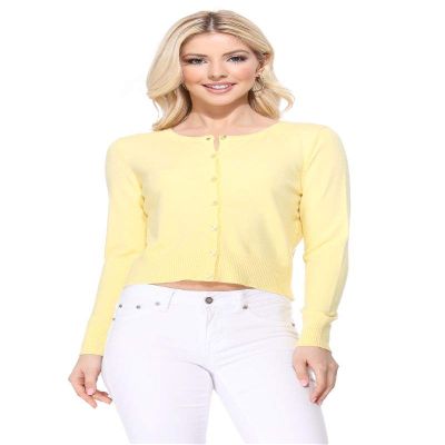 YEMAK Women's Cropped Cardigan Sweater Long Sleeve Crewneck Basic Classic Casual Button Down Knit Soft Lightweight Top MK5502-Babyyellow-XL