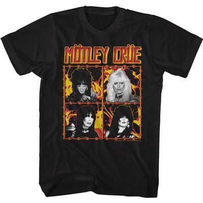Motley Crue Heavy Metal Band Fire and Wire Band Portraits Adult Short Sleeve T-Shirt Graphic Tee Black