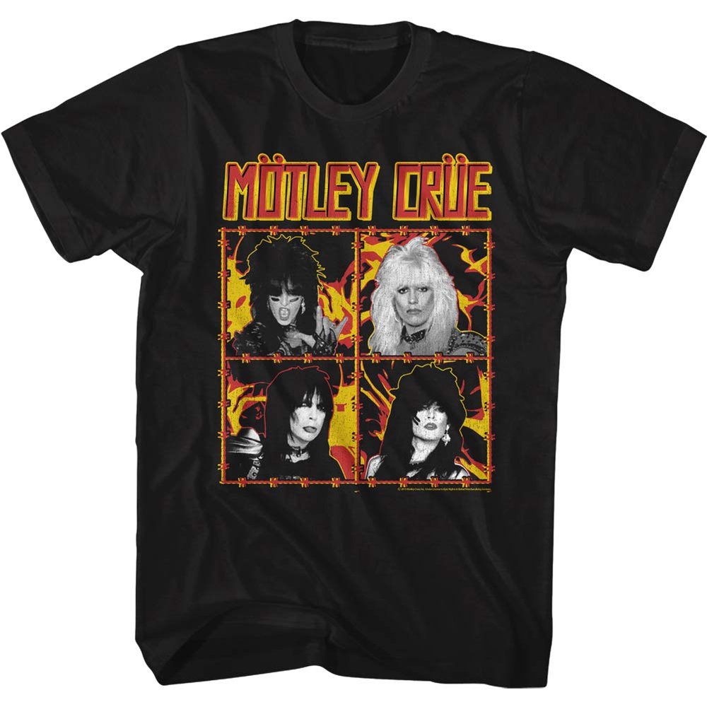 Motley Crue Heavy Metal Band Fire and Wire Band Portraits Adult Short Sleeve T-Shirt Graphic Tee Black