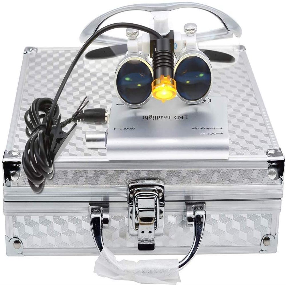 BONEW-Oral 2.5X 420MM Surgical Binocular Loupe Magnifier + 3W Clip On Head Lamp With Filter+ Aluminum Box (Silver)