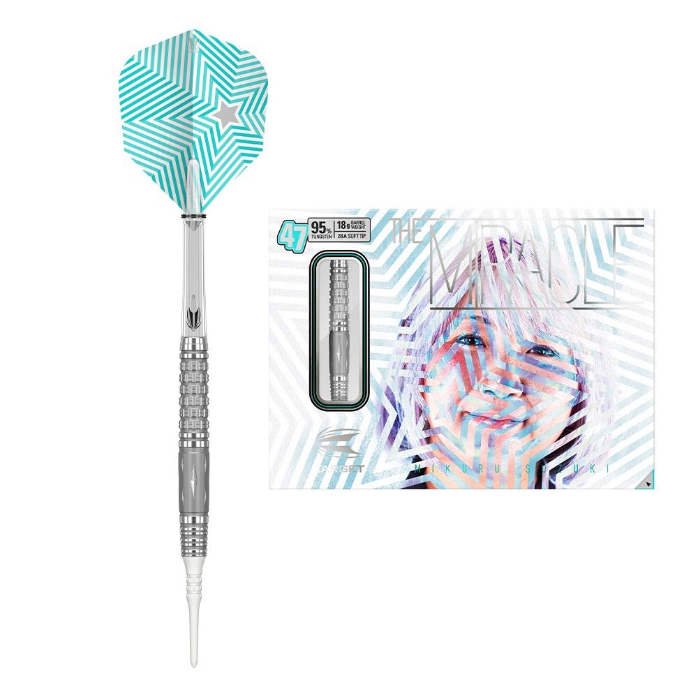Target Darts Mikuru Suzuki The Miracle 47 18G 95% Tungsten Soft Tip Darts Set, Silver and Clear
