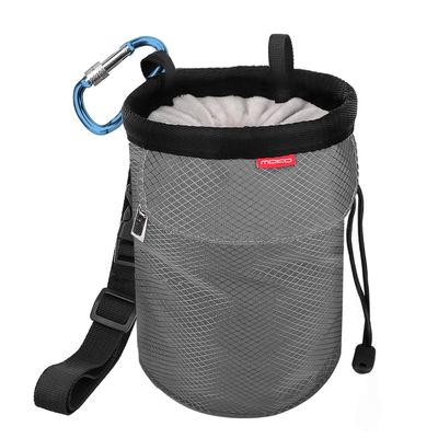 MoKo Chalk Bag, Drawstring Rock Climbing Bag Bouldering Chalk Pot Bucket with Adjustable Belt & Zippered Pockets and Carabiner for Rock Climbing Weight Lifting Gymnastics Crossfit - Gray