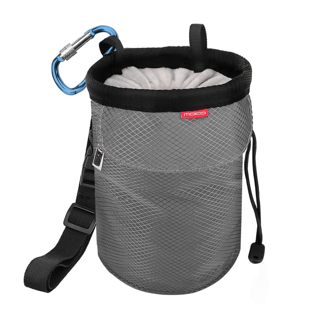MoKo Chalk Bag, Drawstring Rock Climbing Bag Bouldering Chalk Pot Bucket with Adjustable Belt & Zippered Pockets and Carabiner for Rock Climbing Weight Lifting Gymnastics Crossfit - Gray