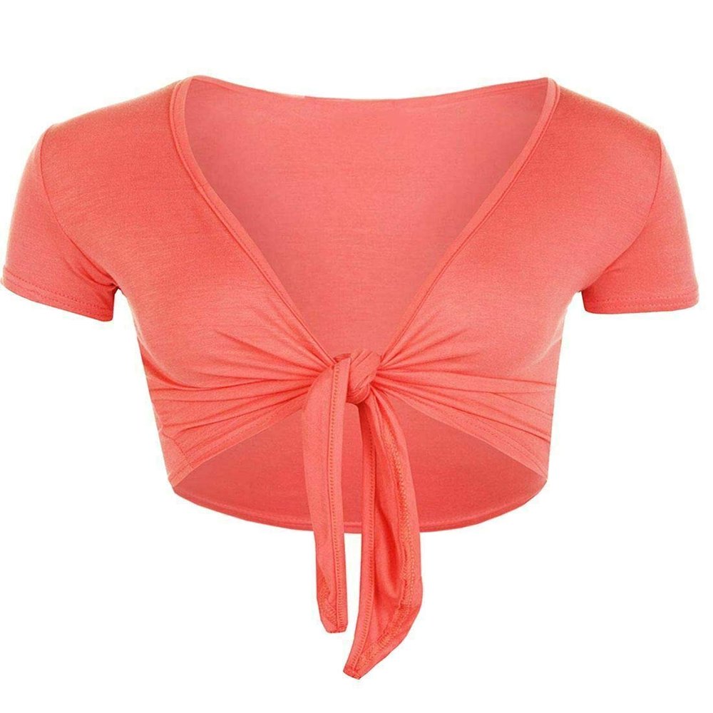 Ladies Short Sleeves Tie Up Cardigan Womens Cropped Bolero Shrug Plain Crop Top (Coral US 4-6)