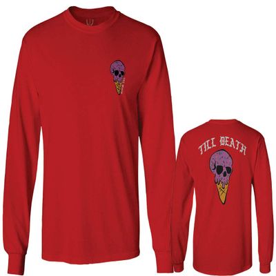 0258. Cool Graphic Candy Ice Cream Skull Summer Till Death Society streetwaer Men's Long Sleeve t Shirt (Red, Small)