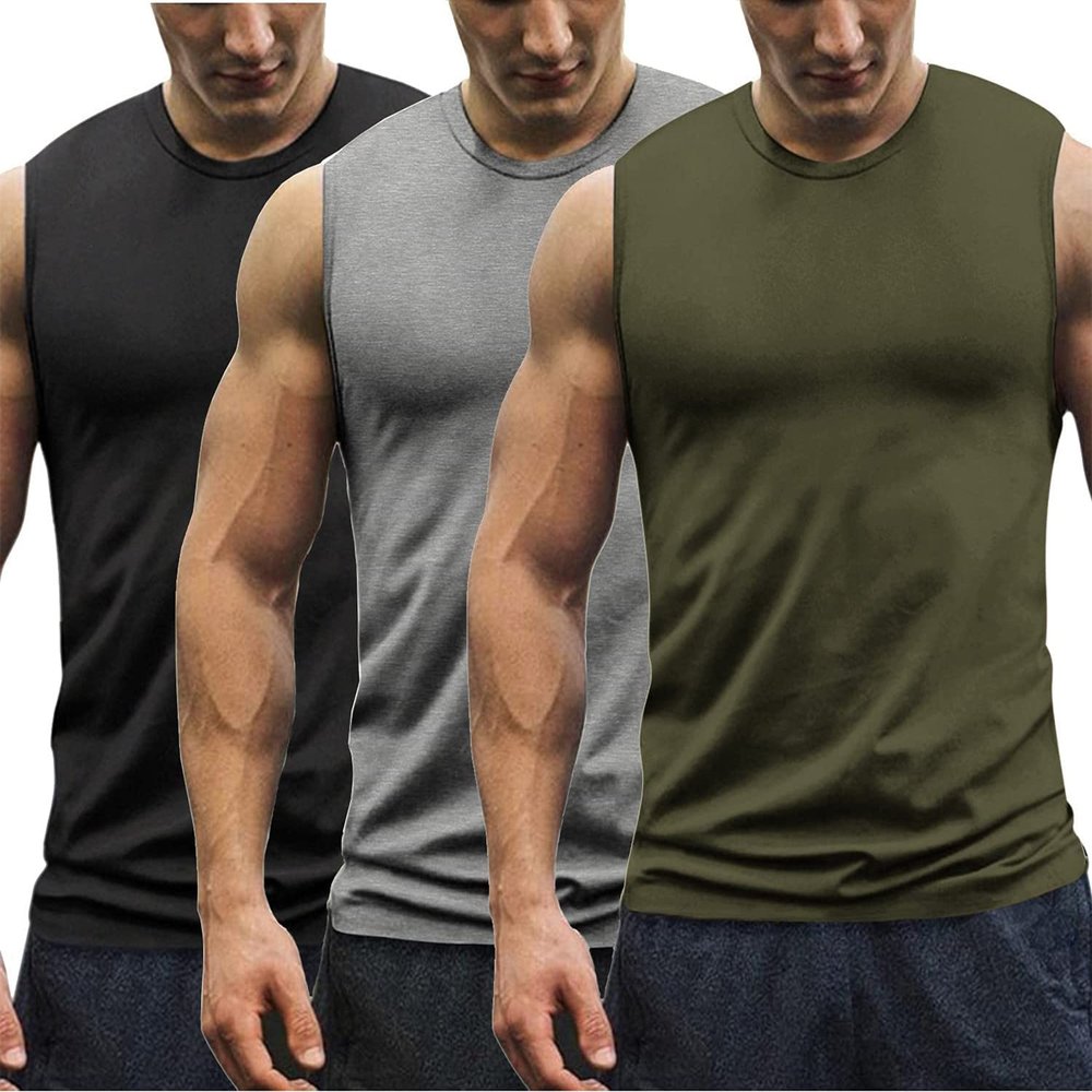 COOFANDY Men's 3 Pack Workout Tank Tops Gym Muscle Tee Bodybuilding Fitness Sleeveless T Shirts 01-Black/Medium Grey/Army Green X-Large