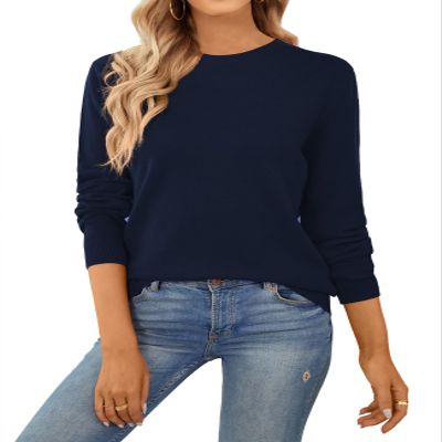 QUALFORT Sweaters for Women Crewneck Sweater 100% Cotton Soft Knit Pullover Tops Navy Medium