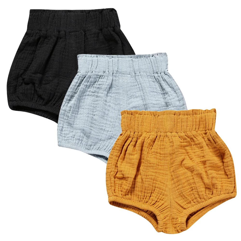3PC Shorts Set Newborn Baby Girls Boys PP Pants Cotton Linen Blend Cute Floral Bloomer Triangle Shorts (D Black+Blue+Yellow, 6-12 Months)