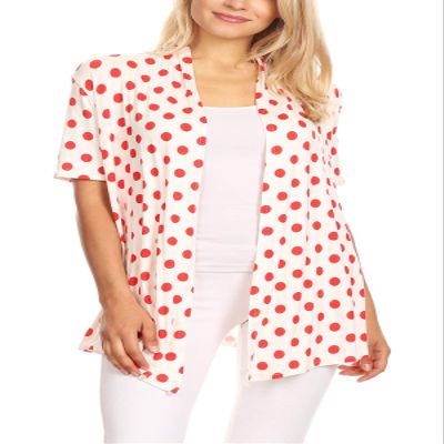 Basic Short Sleeve Open Front Pattern Print Polka Dot Cardigan S-3XL Made in USA Polka White Red 3XL