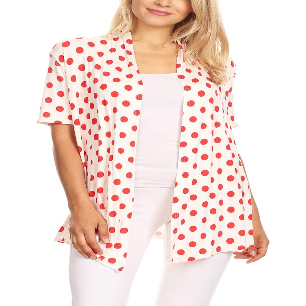 Basic Short Sleeve Open Front Pattern Print Polka Dot Cardigan S-3XL Made in USA Polka White Red 3XL