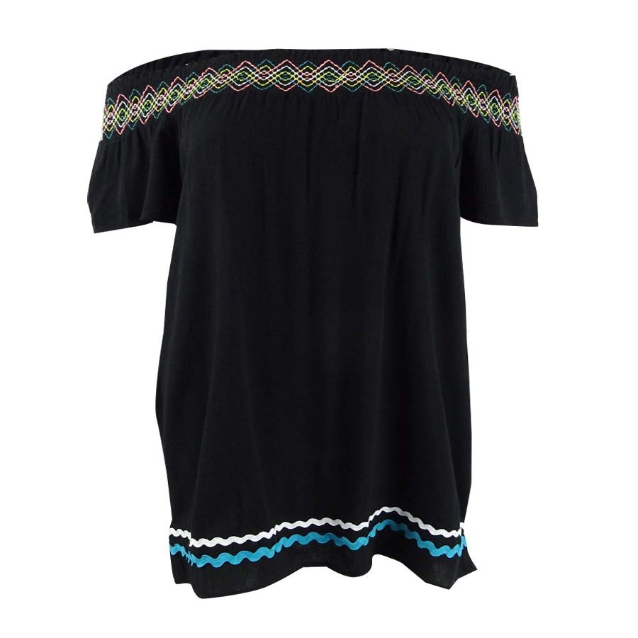 Miken Women's Embroidered Off-The-Shoulder Dress Swim Cover-Up (S, Black)