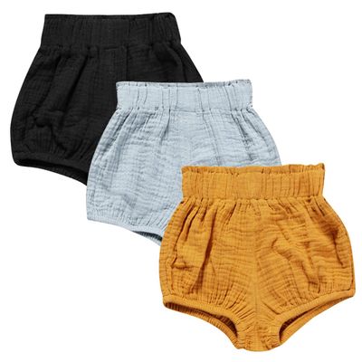 3PC Shorts Set Newborn Baby Girls Boys Pants Cotton Linen Blend Cute Floral Bloomer Triangle Shorts Diaper Cover (D Black+Blue+Yellow, 4-5 Years)