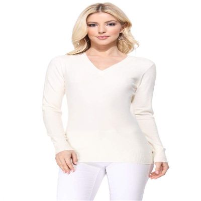 YEMAK Women's Knit Sweater Pullover Long Sleeve V-Neck Basic Classic Casual Knitted Soft Lightweight T-Shirt Top MK5501-Ivory-M