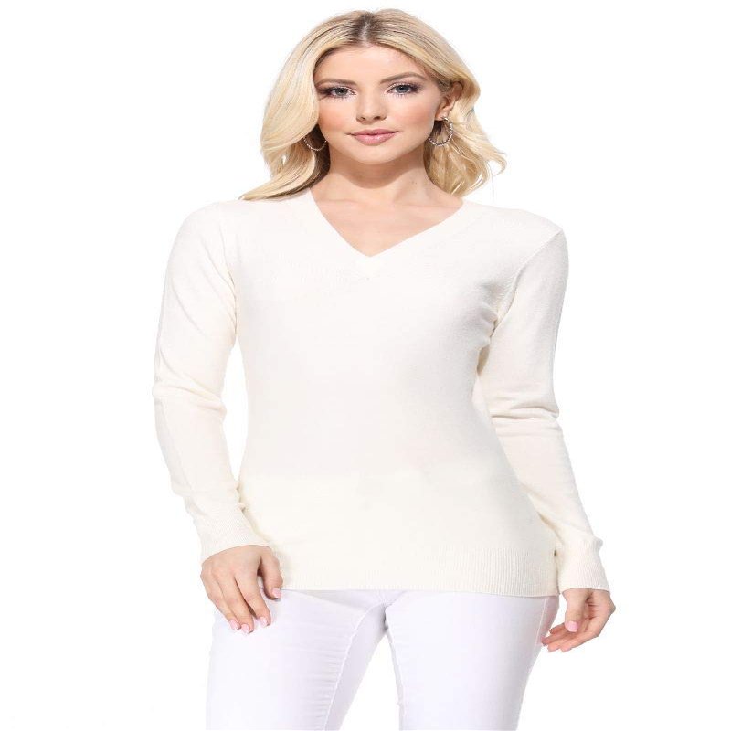 YEMAK Women's Knit Sweater Pullover  Long Sleeve V-Neck Basic Classic Casual Knitted Soft Lightweight T-Shirt Top MK5501-Ivory-M
