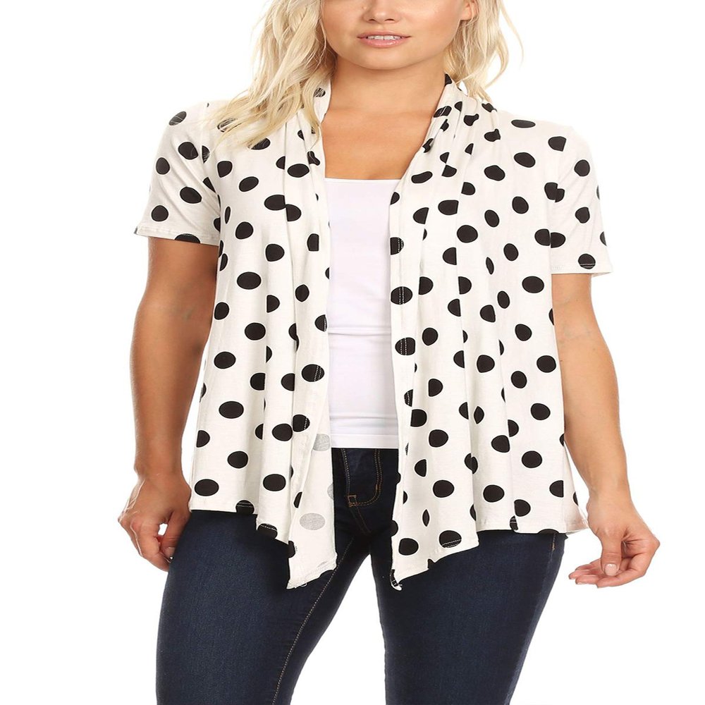 Basic Short Sleeve Open Front Pattern Print Polka Dot Cardigan S-3XL Made in USA Polka White M
