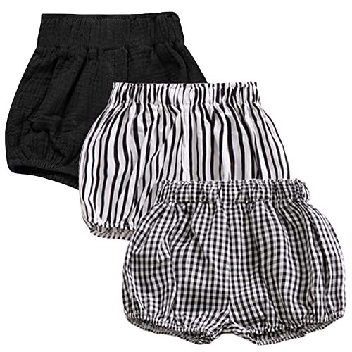 3PC Shorts Set Newborn Baby Girls Boys Pants Cotton Linen Blend Cute Floral Bloomer Triangle Shorts Diaper Cover (D Black+Stripe+Plain, 2-3 Years)