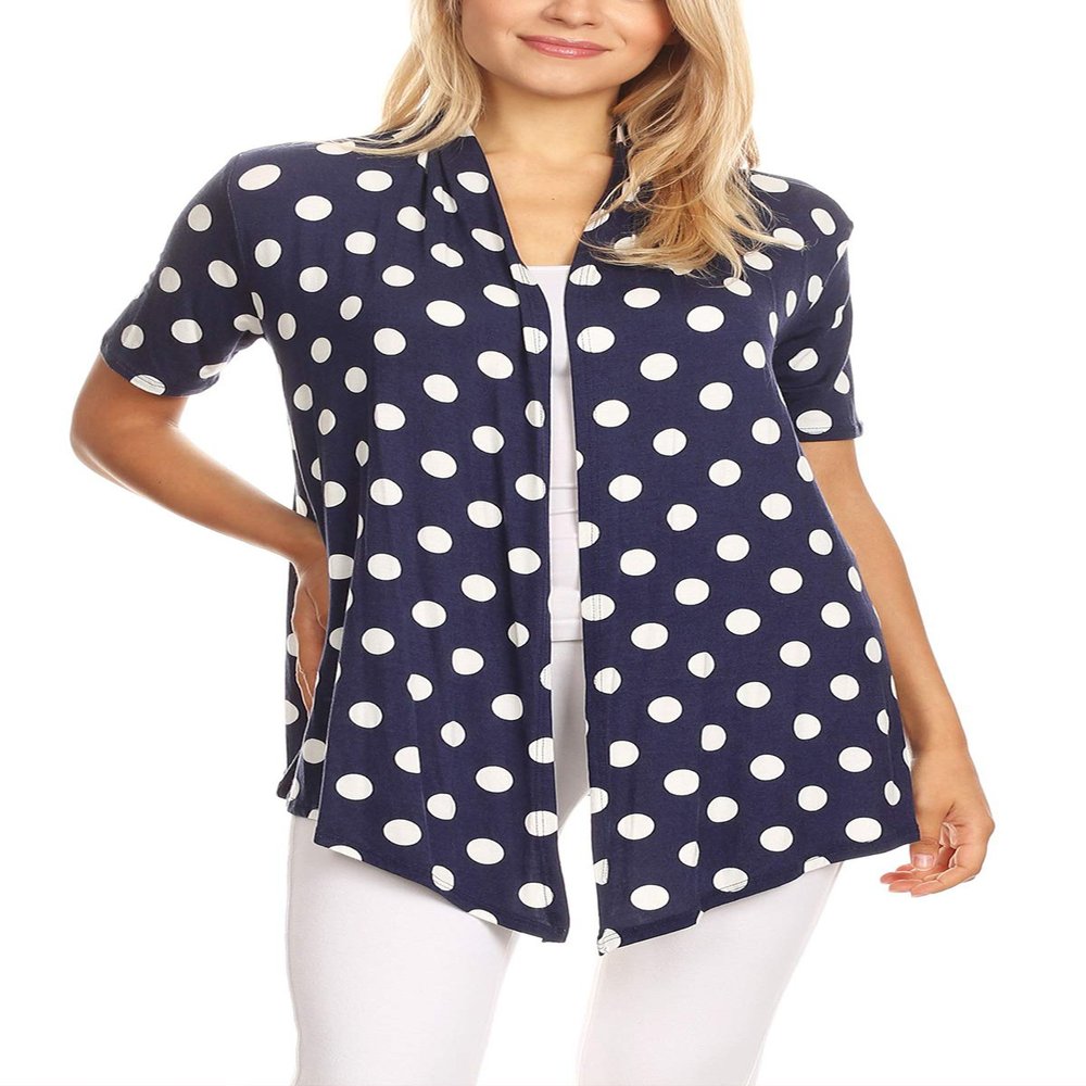 Basic Short Sleeve Open Front Pattern Print Polka Dot Cardigan S-3XL Made in USA Polka Navy M