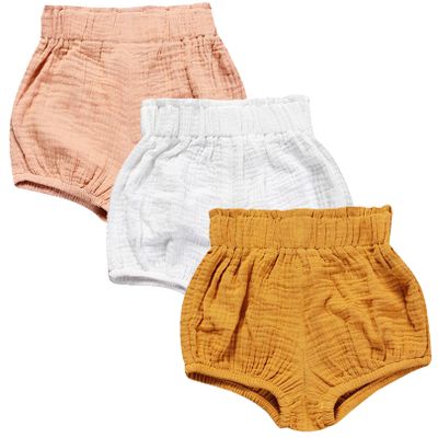 3PC Shorts Set Newborn Baby Girls Boys PP Pants Cotton Linen Blend Cute Floral Bloomer Triangle Shorts (D Pink+White+Yellow, 0-6 Months)