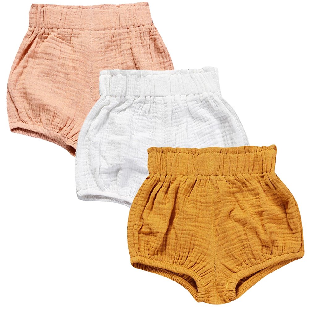 3PC Shorts Set Newborn Baby Girls Boys PP Pants Cotton Linen Blend Cute Floral Bloomer Triangle Shorts (D Pink+White+Yellow, 0-6 Months)