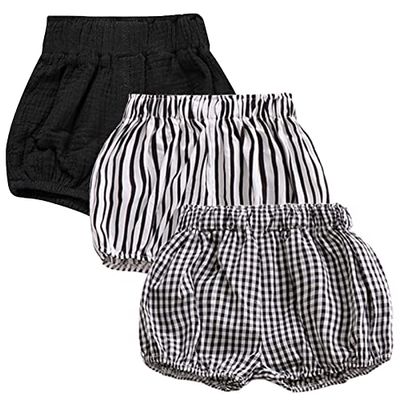3PC Shorts Set Newborn Baby Girls Boys PP Pants Cotton Linen Blend Cute Floral Bloomer Triangle Shorts (D Black+Stripe+Plain, 6-12 Months)