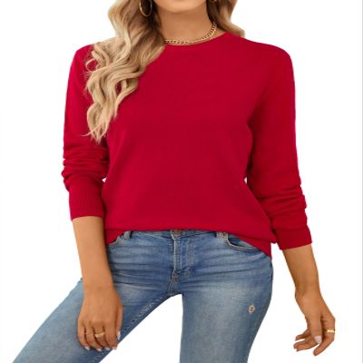 QUALFORT Women's Crewneck Sweater 100% Cotton Soft Knit Pullover Tops Red Small