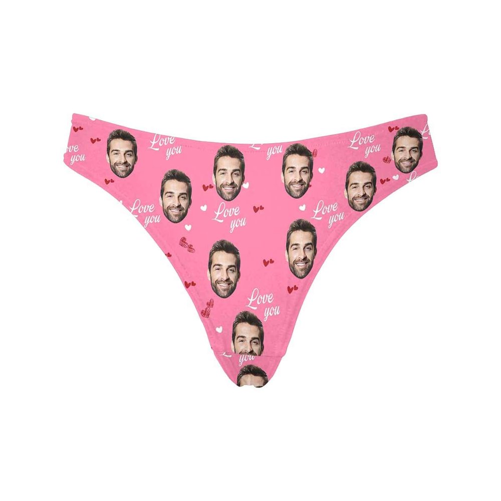 Custom Personalized Photo Printed Boyfriend Face Love Word with Heart Pink Novelty Women's Thong G-Strings Briefs Shorts XXL