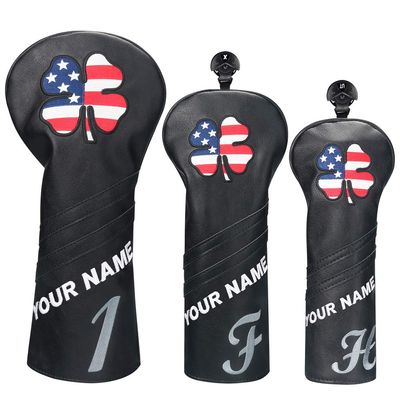 Craftsman Golf USA US Flag Clover Leather Black Driver Fairway Wood Rescue Hybrid Cover Headcover Also for Customization Version with Your Name Stitched (Version:Custom (1.F.H))