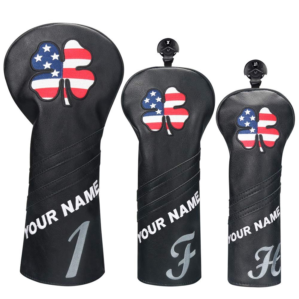 Craftsman Golf USA US Flag Clover Leather Black Driver Fairway Wood Rescue Hybrid Cover Headcover Also for Customization Version with Your Name Stitched (Version:Custom (1.F.H))