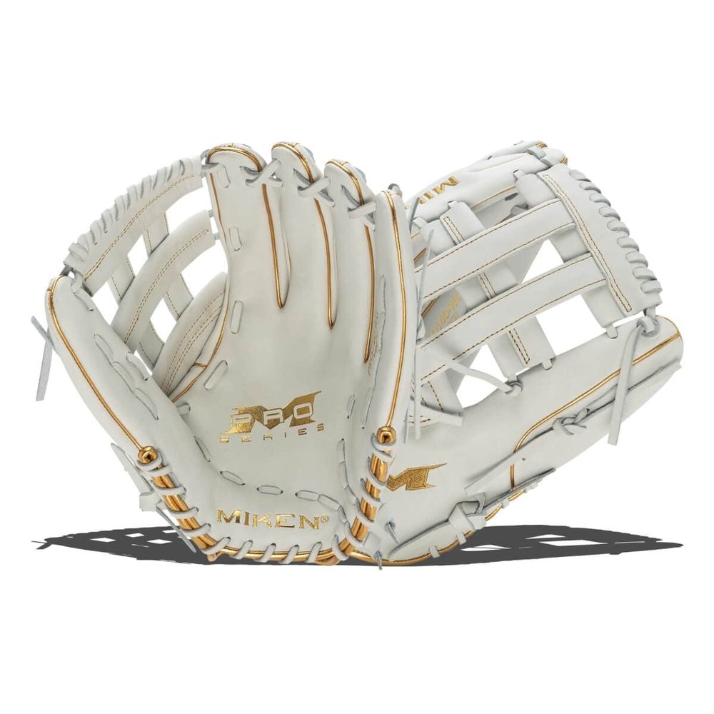 Miken | PRO Series Slowpitch Softball Glove | 14"- H-Web | Left Hand Throw | White/Gold