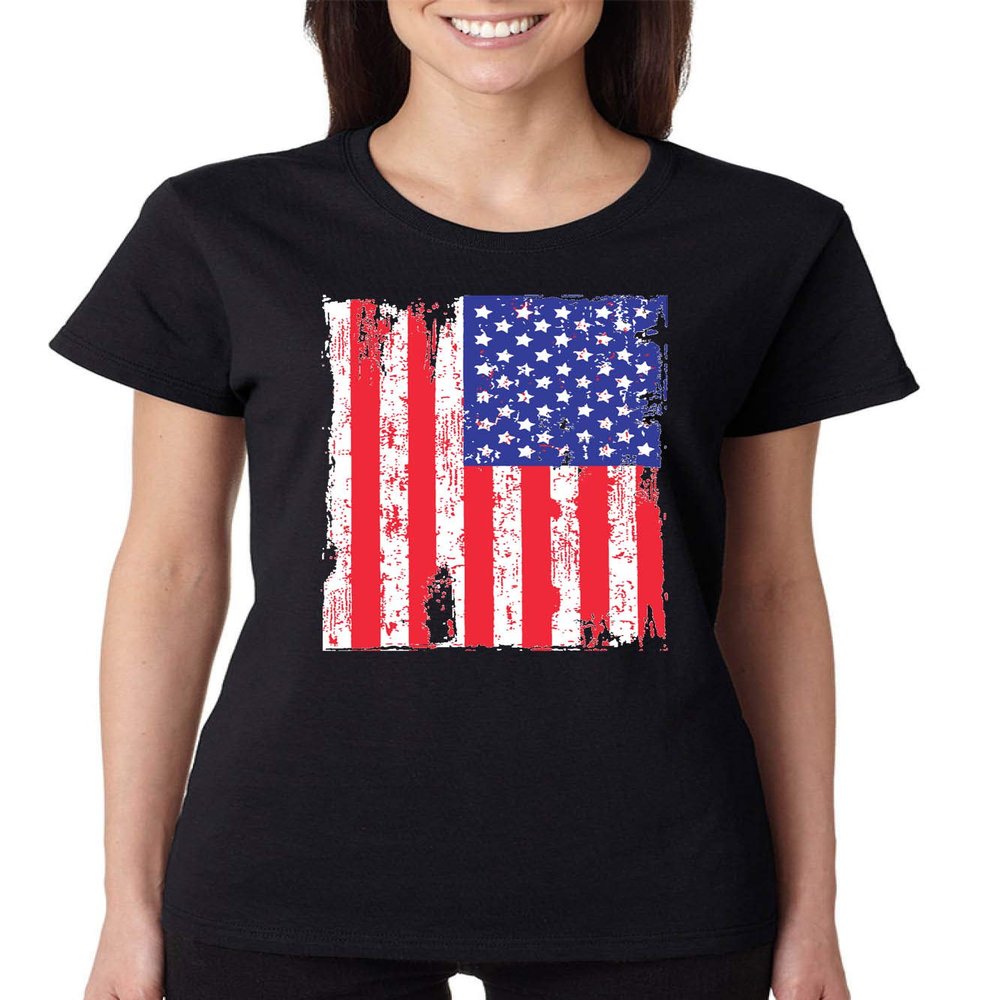 ALLNTRENDS Women's T Shirt American Flag Distressed 4th of July Shirt Love USA Top (L, Black)